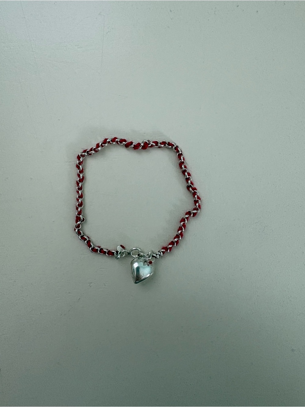 Silver Heart Charm Chain Bracelet with Red Accents